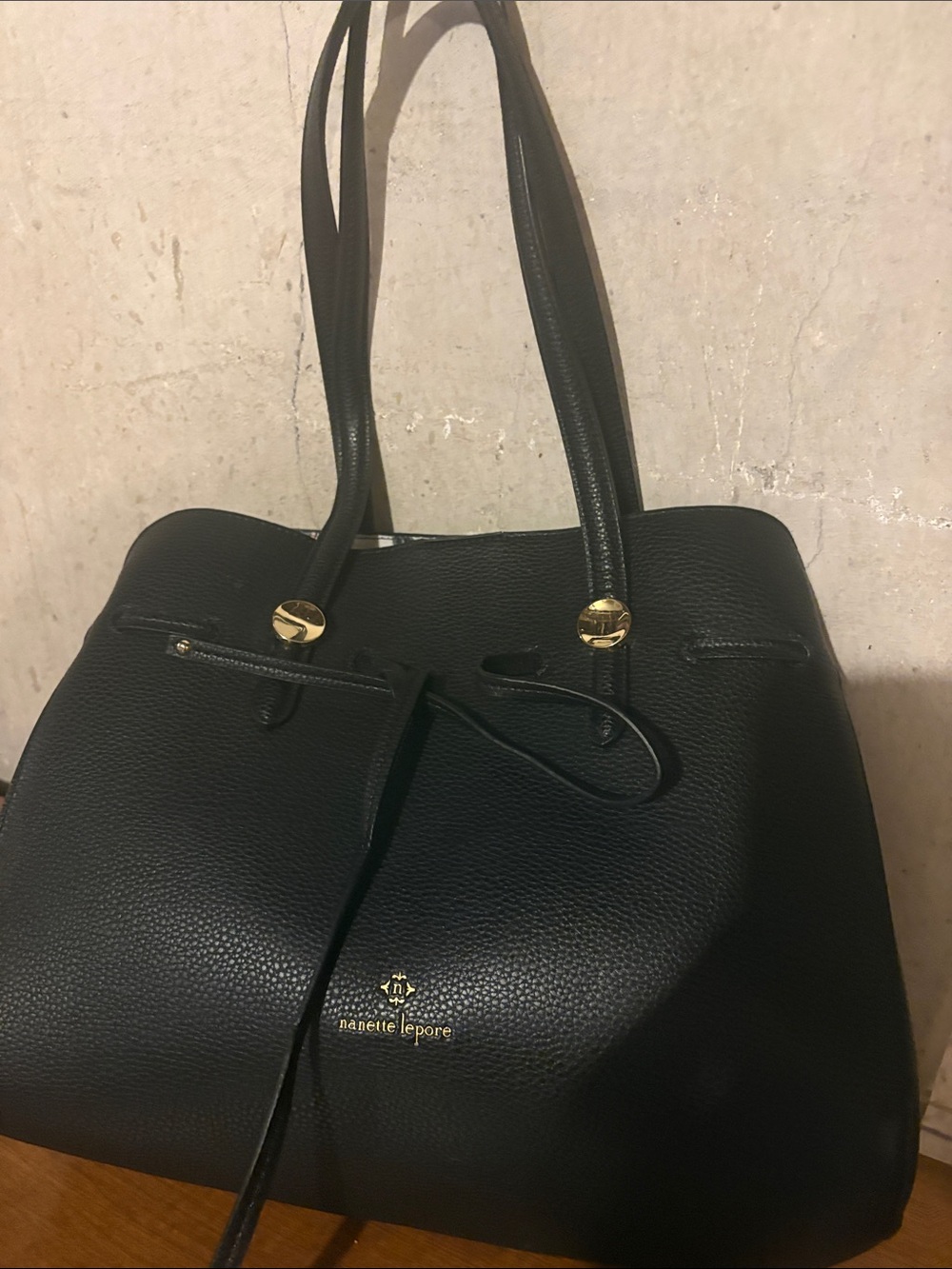 Nanette Lepore Black Pebbled Leather Tote with Gold Accents